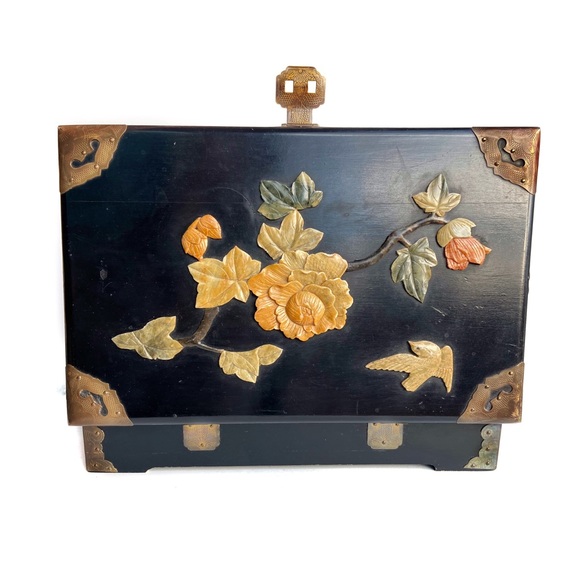 Vintage Lacquer Jewelry Box, Embossed Stone Carved - Picture 2 of 8